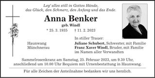 Traueranzeige Anna Benker