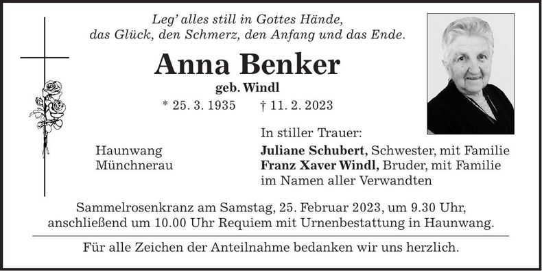 Traueranzeige Anna Benker