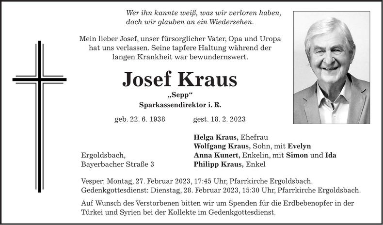 Traueranzeige Josef Kraus