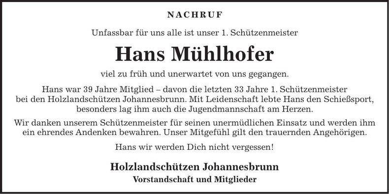 Traueranzeige Hans Mühlhofer