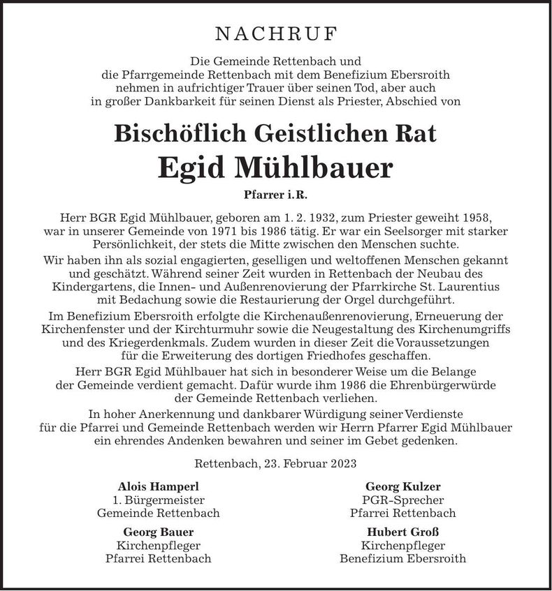 Traueranzeige Egid Mühlbauer