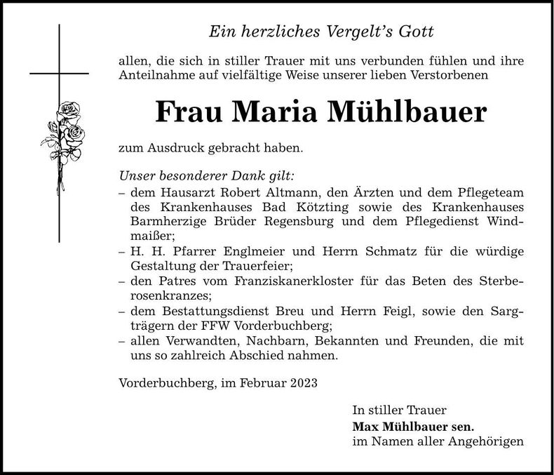Traueranzeige Maria Mühlbauer