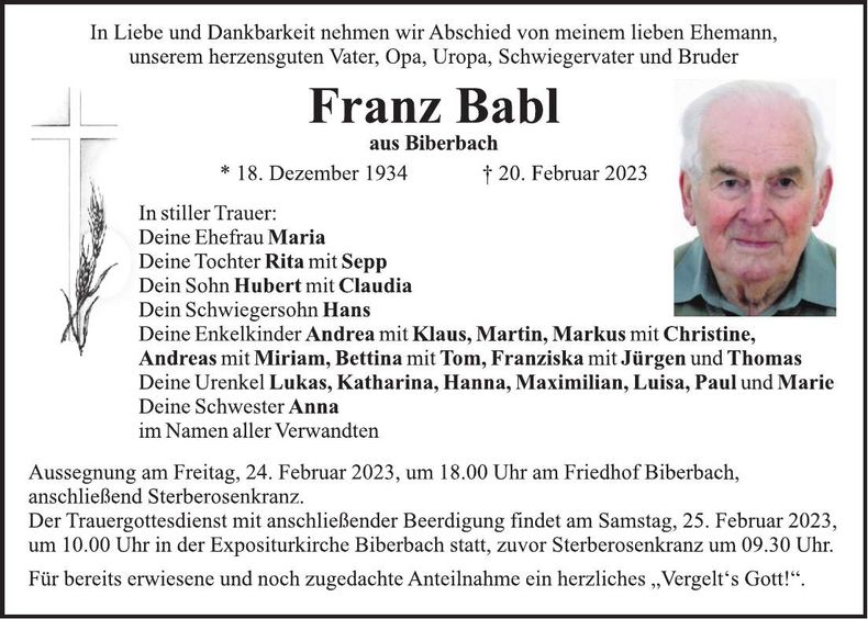 Traueranzeige Franz Babl
