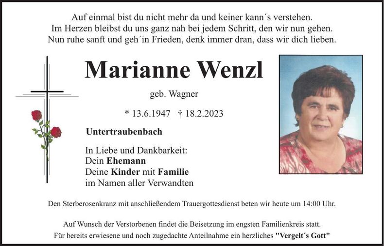 Traueranzeige Marianne Wenzl