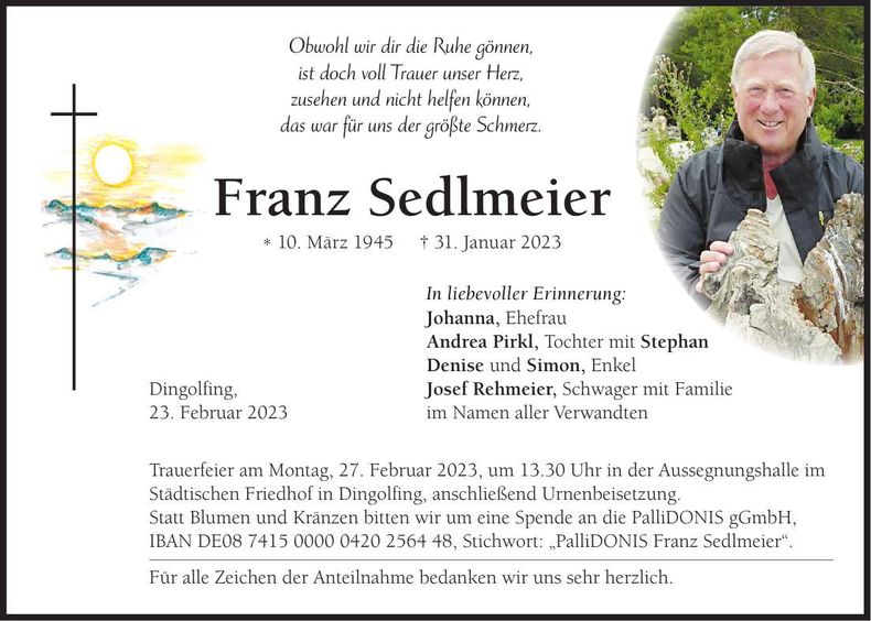 Traueranzeige Franz Sedlmeier