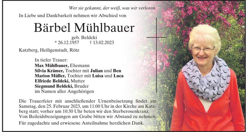 Traueranzeige Bärbel Mühlbauer