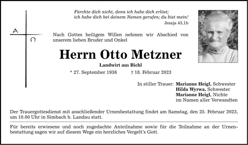 Traueranzeige Otto Metzner