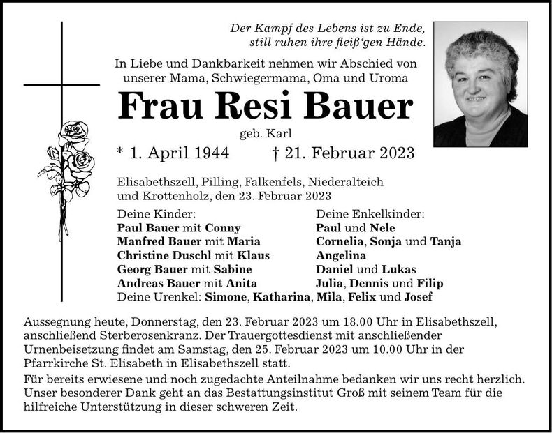 Traueranzeige Resi Bauer