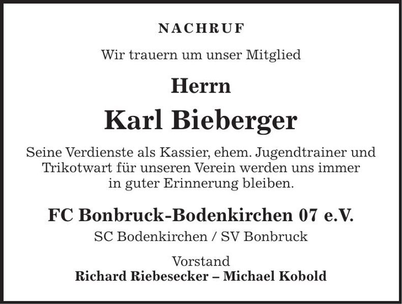 Traueranzeige Karl Bieberger