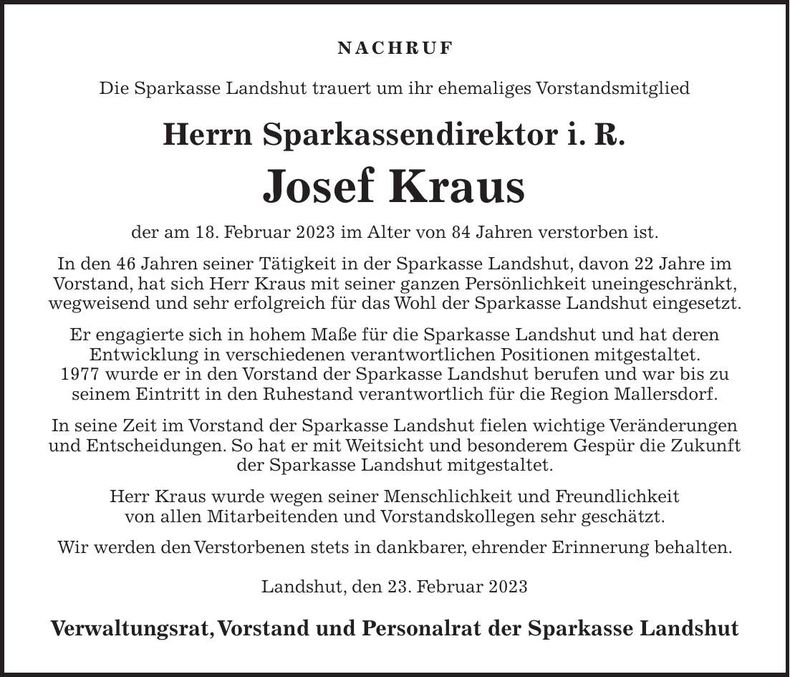 Traueranzeige Josef Kraus