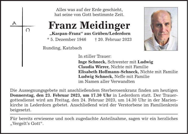 Traueranzeige Franz Meidinger