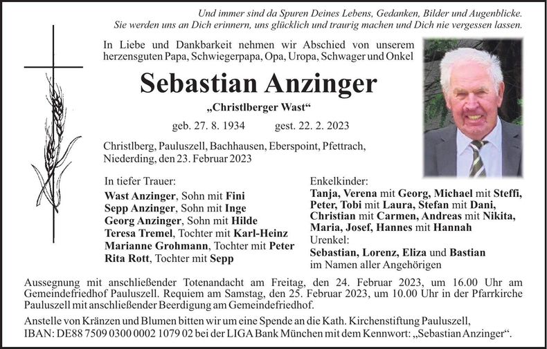 Traueranzeige Sebastian Anzinger