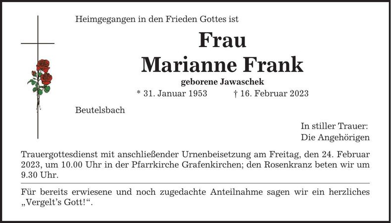 Traueranzeige Marianne Frank
