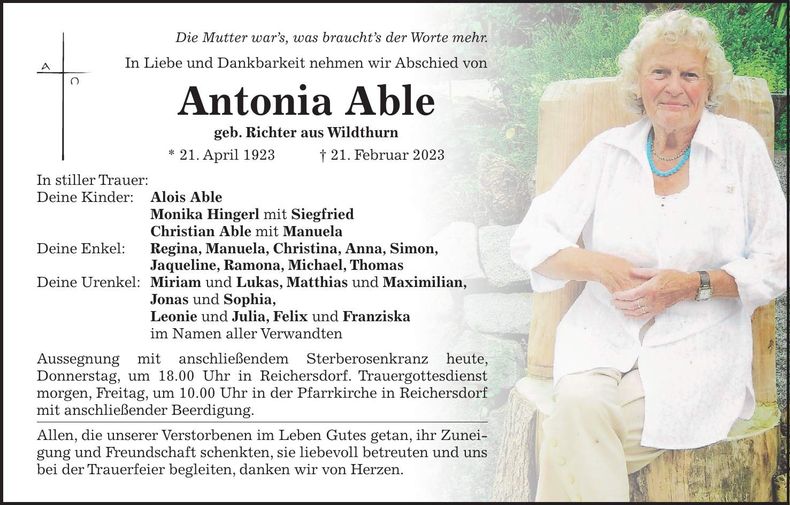 Traueranzeige Antonia Able