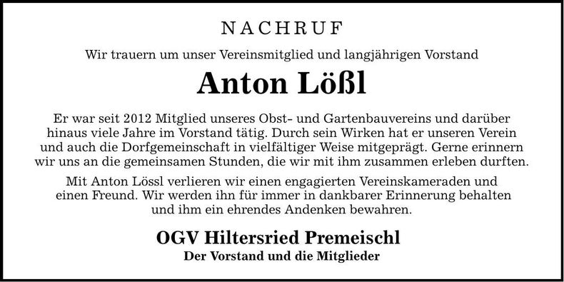 Traueranzeige Anton Lössl