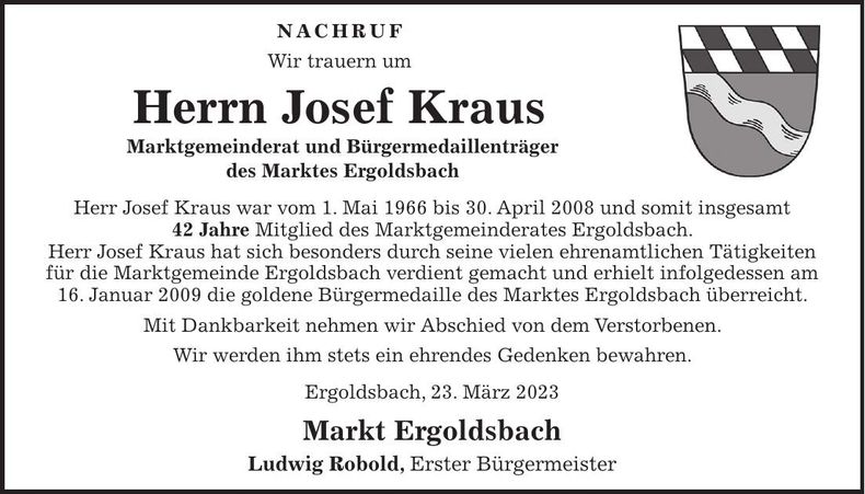 Traueranzeige Josef Kraus
