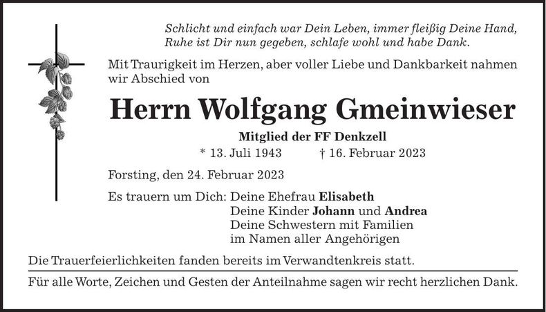 Traueranzeige Wolfgang Gmeinwieser