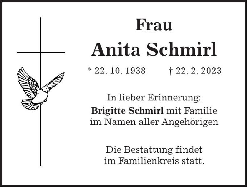 Traueranzeige Anita Schmirl