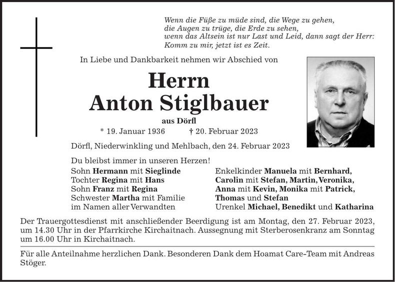 Traueranzeige Anton Stiglbauer