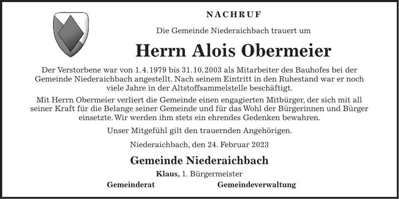 Traueranzeige Alois Obermeier