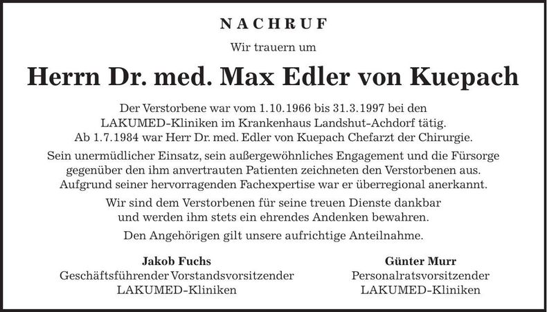 Traueranzeige Max Dr. med. von Kuepach