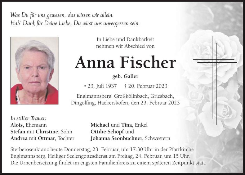 Traueranzeige Anna Fischer