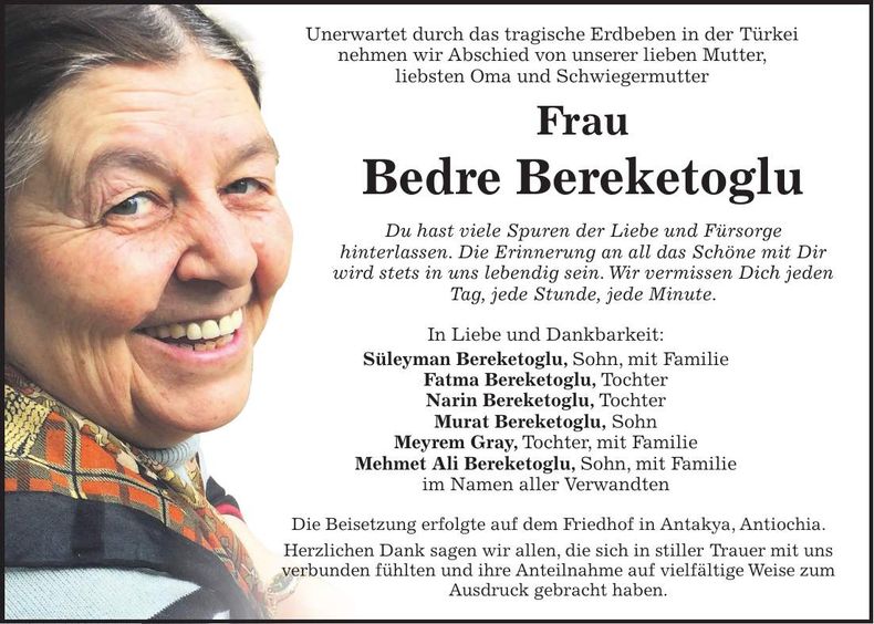 Traueranzeige Bedre Bereketoglu
