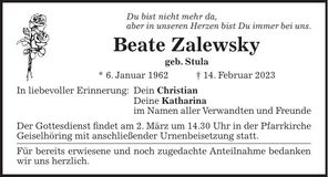 Traueranzeige Beate Zalewsky