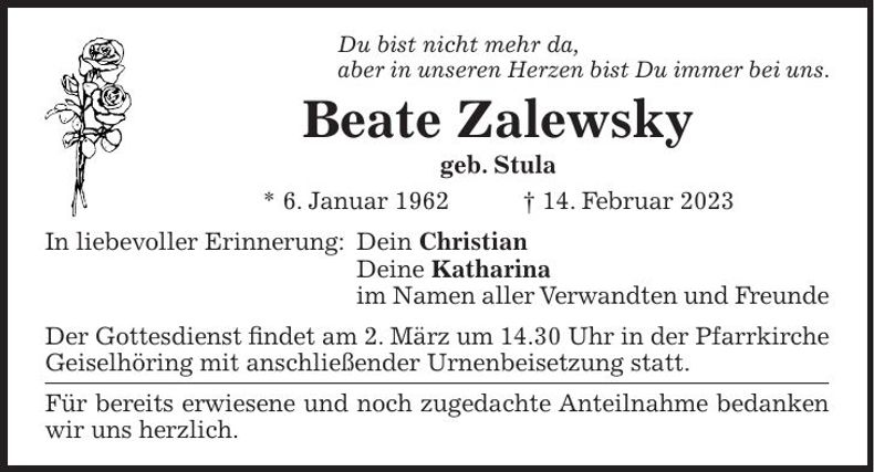 Traueranzeige Beate Zalewsky