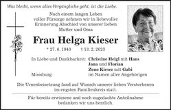 Traueranzeige Helga Kieser