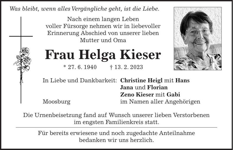 Traueranzeige Helga Kieser