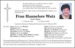 Traueranzeige Hannelore Wutz