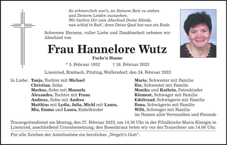 Traueranzeige Hannelore Wutz