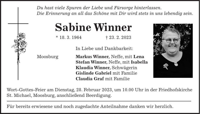 Traueranzeige Sabine Winner