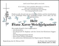 Traueranzeige Franz Xaver Weichselgartner
