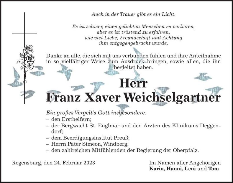 Traueranzeige Franz Xaver Weichselgartner