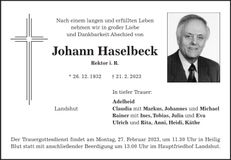 Traueranzeige Johann Haselbeck