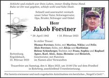 Traueranzeige Jakob Forstner