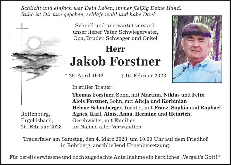 Traueranzeige Jakob Forstner