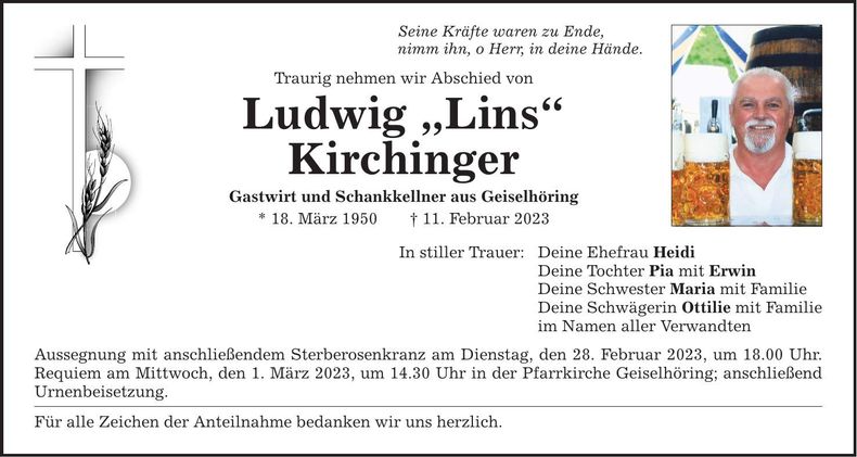 Traueranzeige Ludwig "Lins" Kirchinger