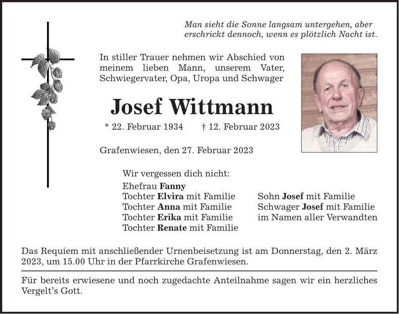 Traueranzeige Josef Wittmann