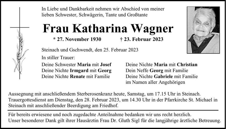 Traueranzeige Katharina Wagner