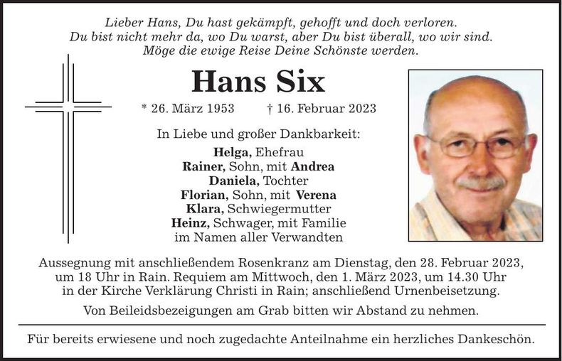 Traueranzeige Hans Six