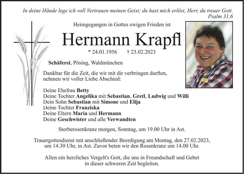 Traueranzeige Hermann Krapfl
