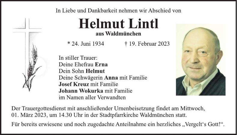 Traueranzeige Helmut Lintl