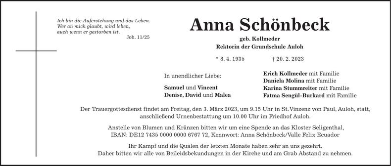 Traueranzeige Anna Schönbeck