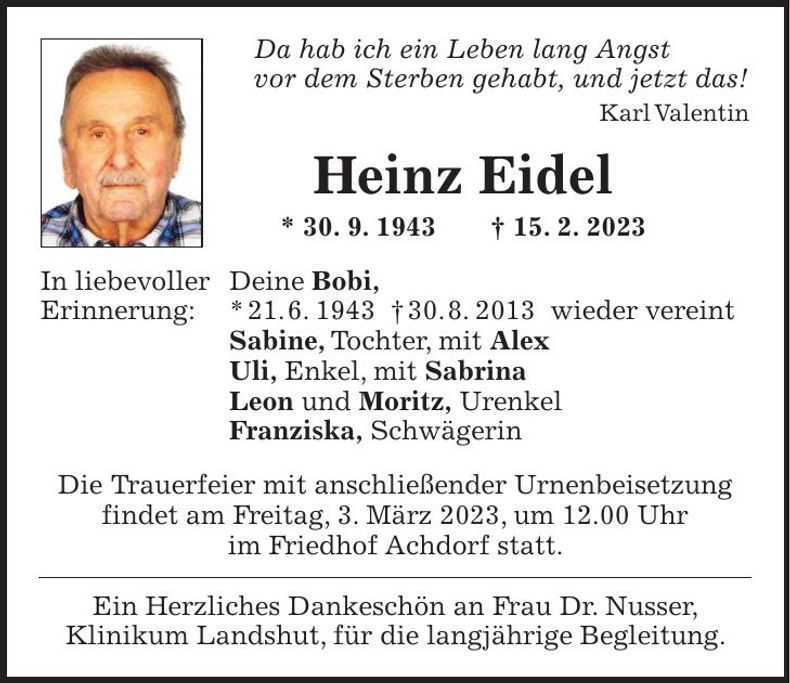 Traueranzeige Heinz Eidel