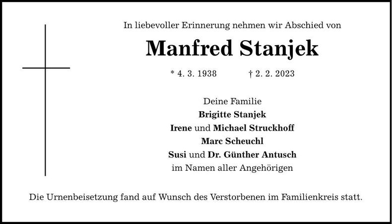 Traueranzeige Manfred Stanjek