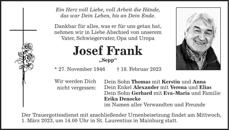 Traueranzeige Josef Frank