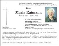 Traueranzeige Maria Raimann